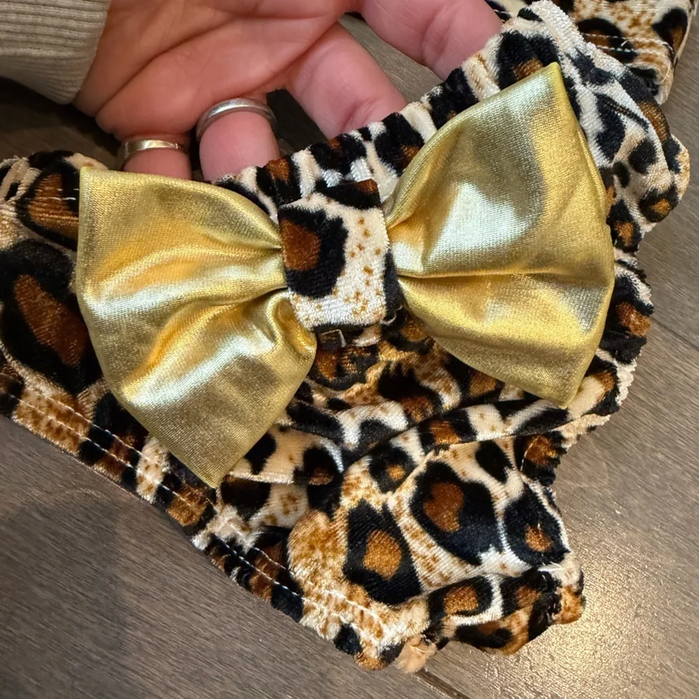Leopard Print Velvet Bikini with Gold Bow Accent on Top & Behind!